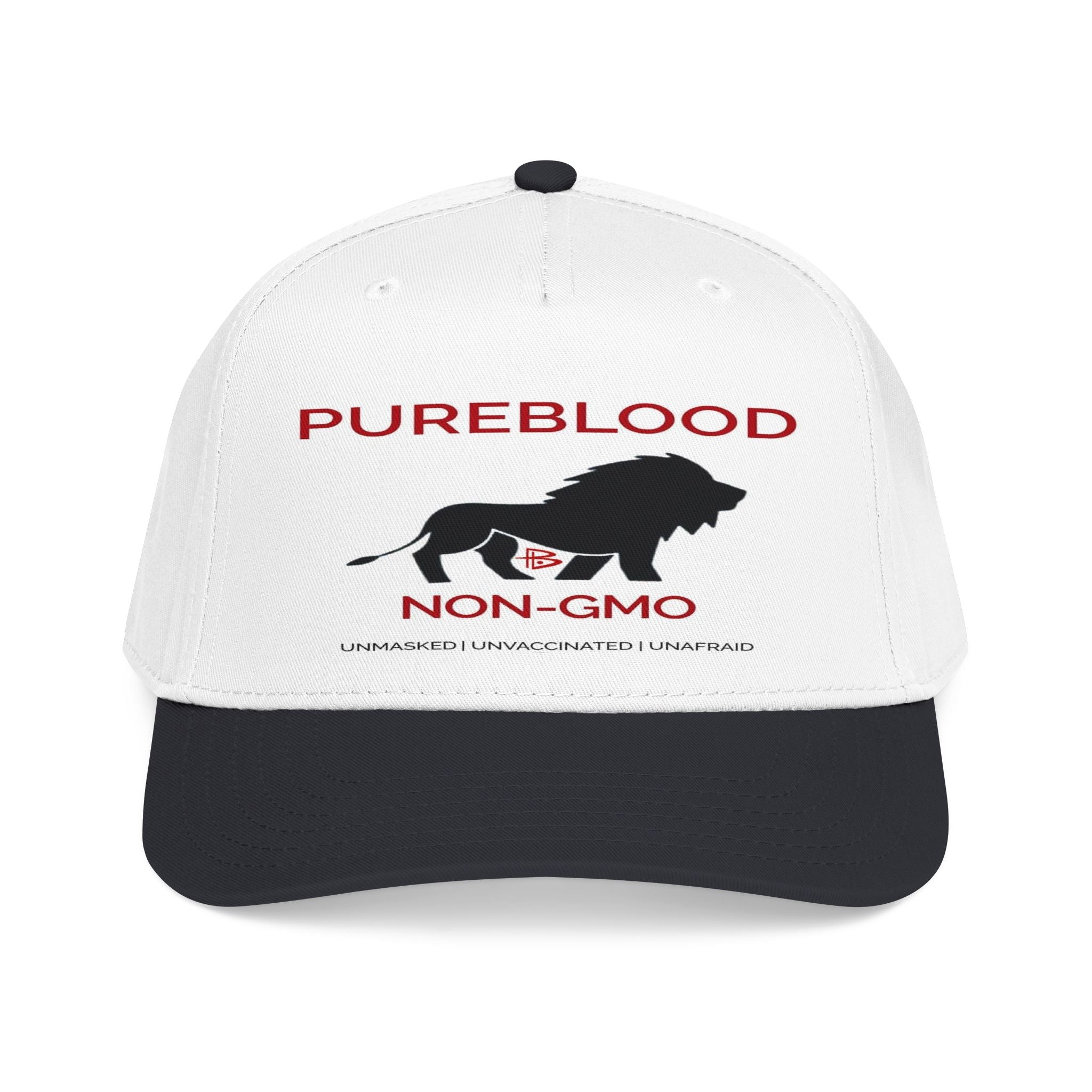 Pureblood Non-GMO Lion Snapback Cap – White/Black DTF Hat