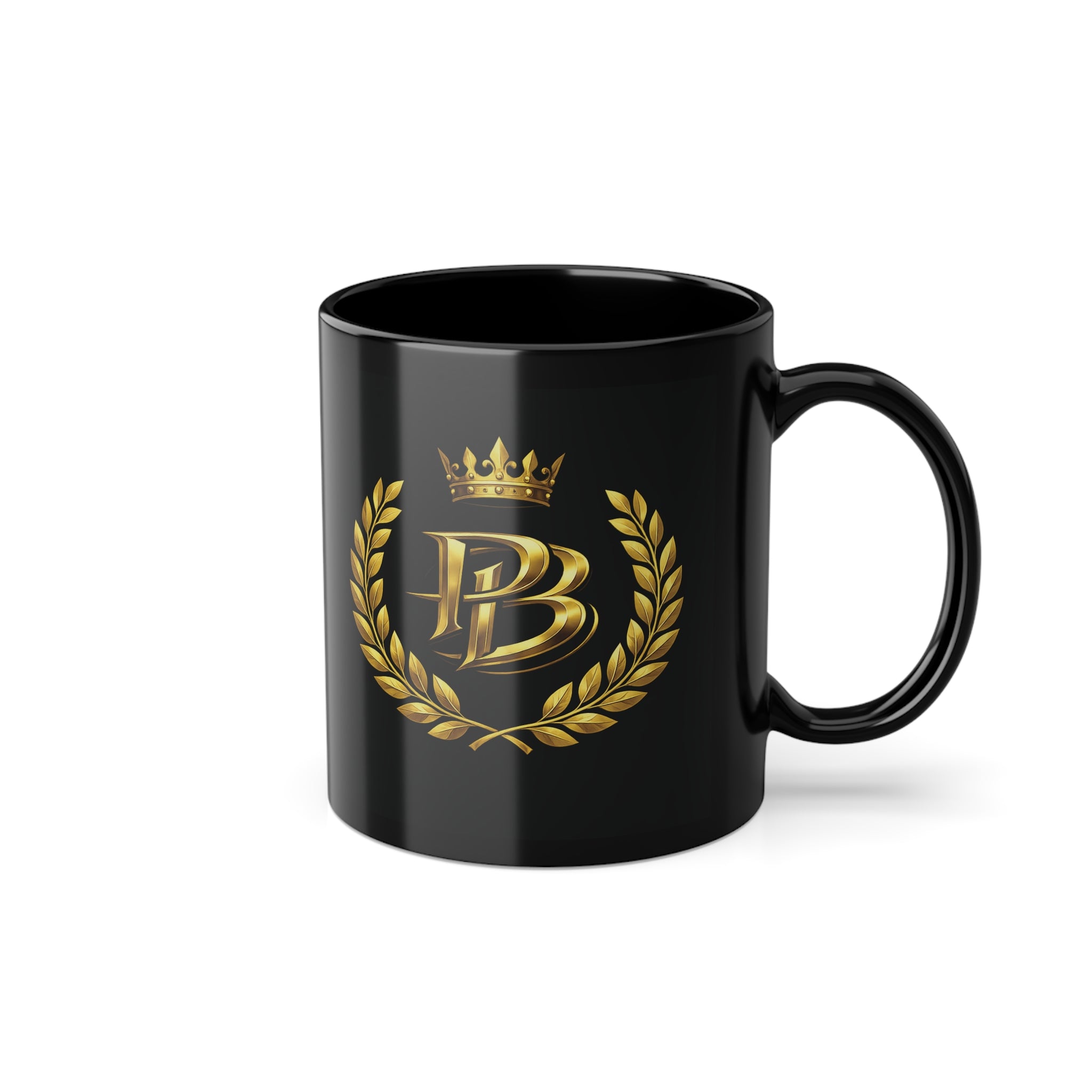 Black 11 oz Coffee Mug – Gold PB Laurel Crown Crest