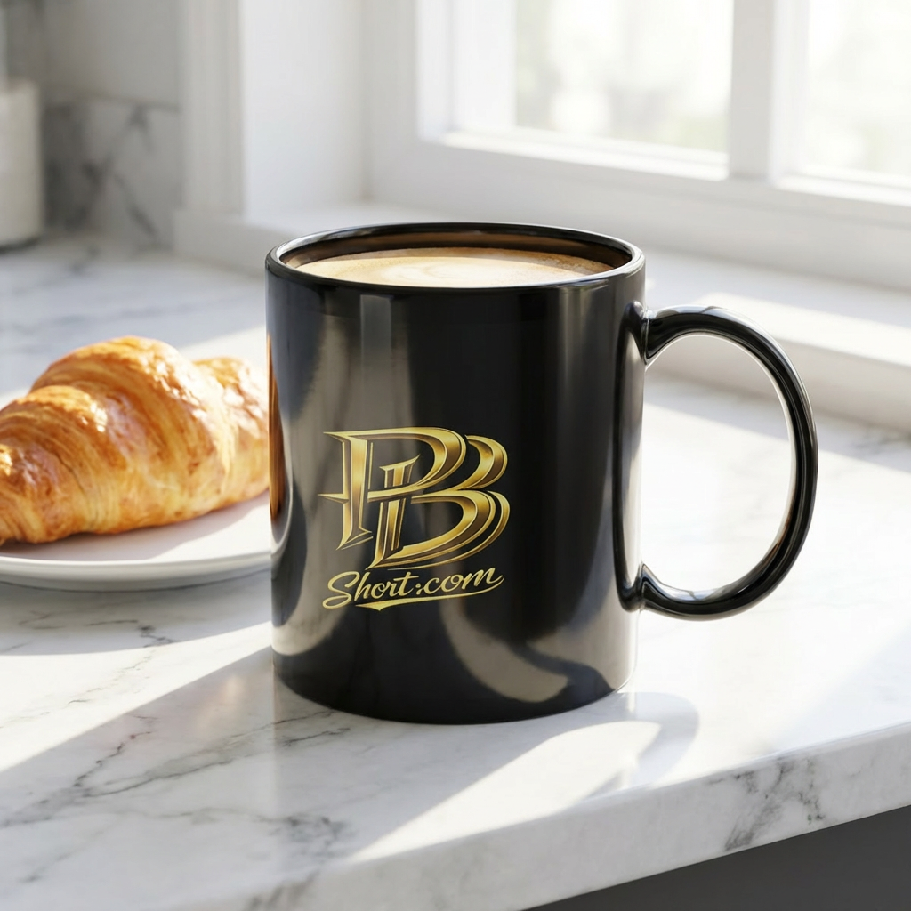 Black 11 oz Coffee Mug – Gold PB Short.com Script