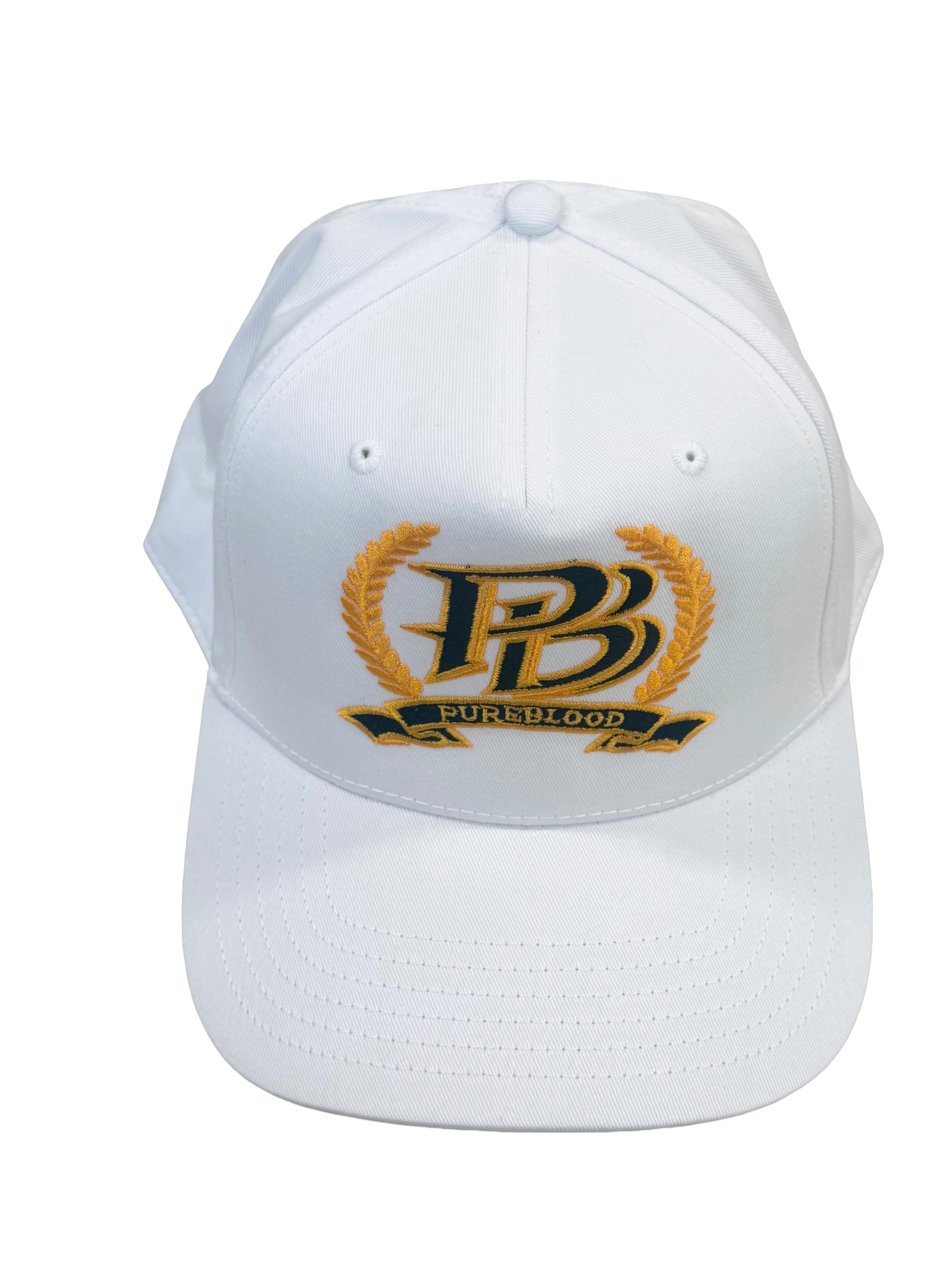 PureBlood Laurel Crest Premium Embroidered Hat – White, Gold & Black Edition