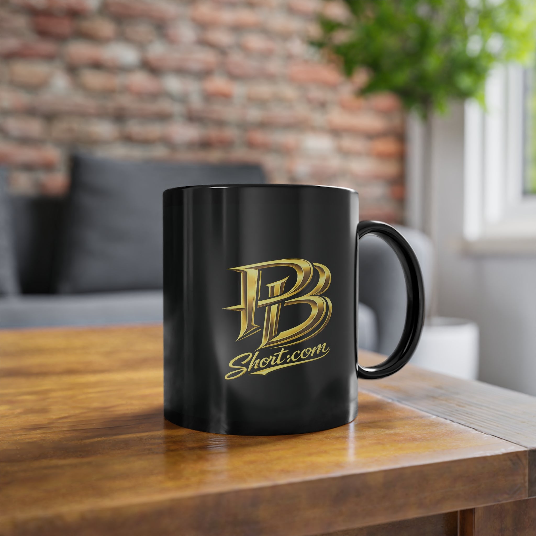 Black 11 oz Coffee Mug – Gold PB Short.com Script