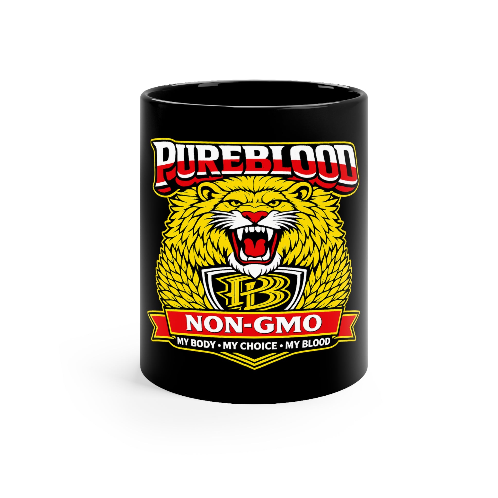 Pureblood Non-GMO Coffee Mug – Bold Lion Emblem, "My Body • My Choice • My Blood"